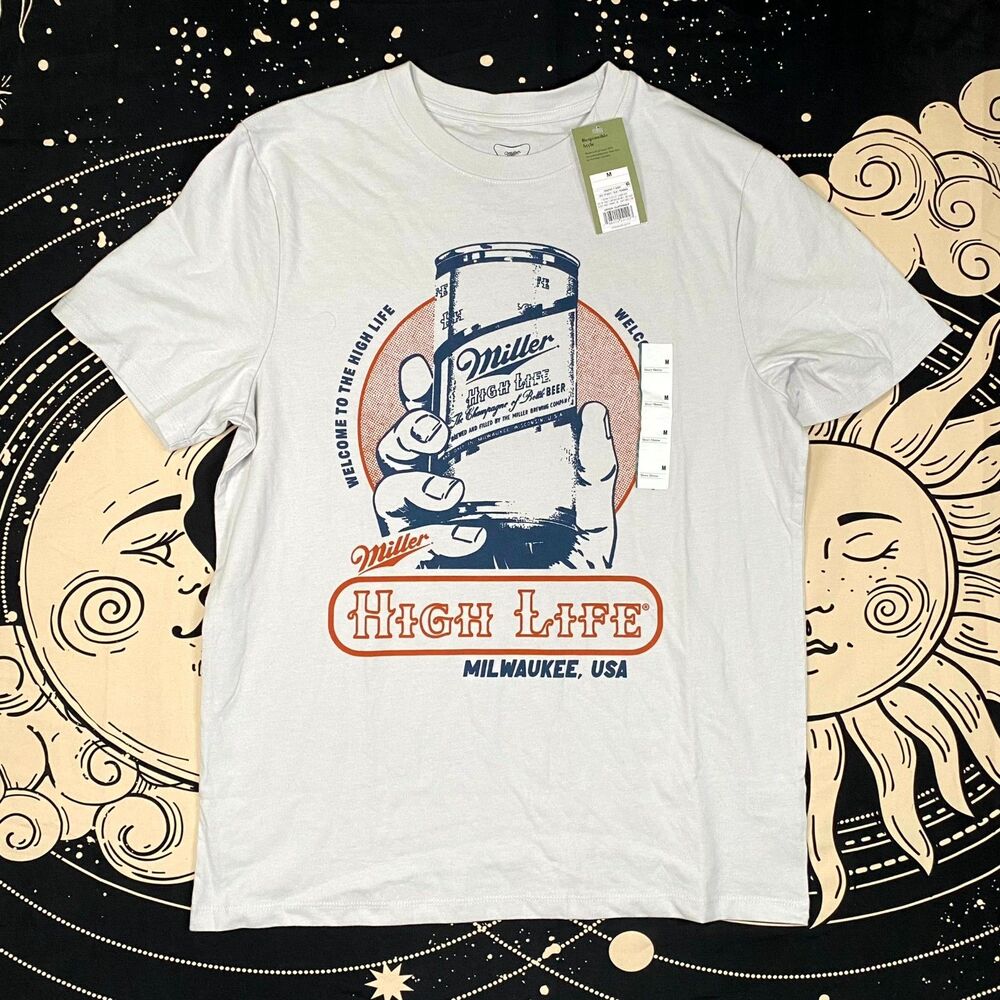 Miller High Life T-Shirt Men M White Cotton Beer Graphic Casual Summer Workwear